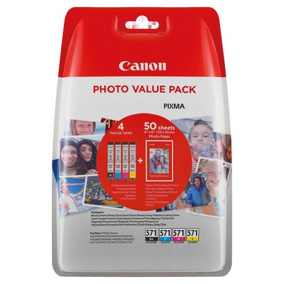 Foto principale Cartuccia originale Canon 0386C007 Multipack CLI-571 (Conf. da 4 pz.) + 50 Fogli PP-201 4×6 NERO+COLORE