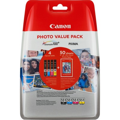 Foto principale Cartuccia originale Canon 6508B006 Multipack CLI-551 (Conf. da 4 pz.) + 50 Fogli PP-201 4×6 NERO+COLORE