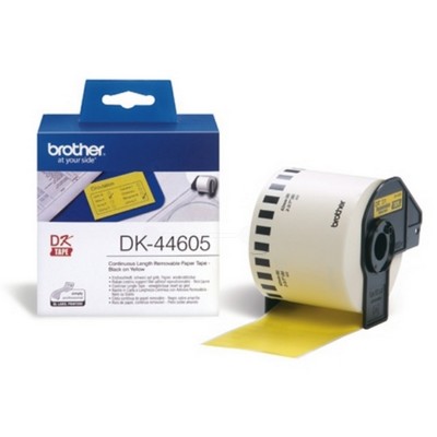 Foto principale Etichette adesive per etichettatrice originale Brother DK44605 DK Tape da 62 mm (Rotolo 30,48 metri) NERO SU GIALLO