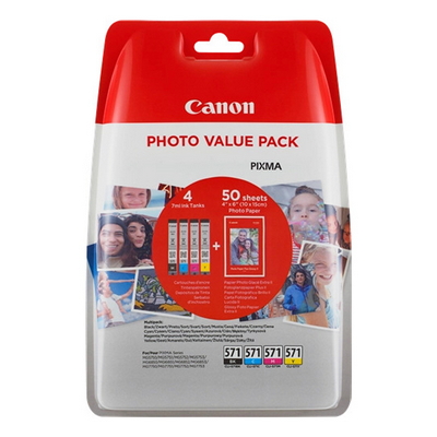 Foto principale Cartuccia originale Canon 0386C006 Multipack CLI-571 (Conf. da 4 pz.) + 50 Fogli lucidi 4 x 6 NERO+COLORE