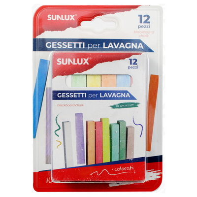 Gessetti Sunlux per lavagna rettangolari 10x1x1 cm colori assortiti conf.  12 pz.