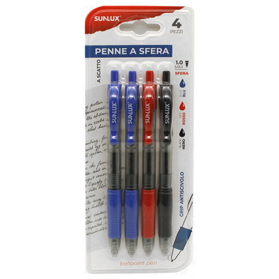 Penna a sfera Sunlux a scatto con grip antiscivolo colori assortiti 1 mm  conf. 4 pz.