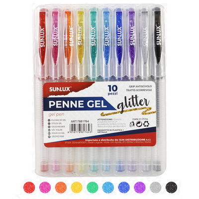 Penna Gel Sunlux glitterata con grip antiscivolo e tratto scorrevole colori  assortiti conf. 10 pz.