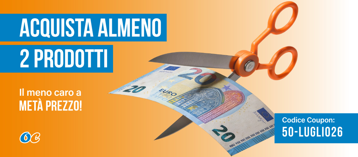 Promozione Coupon 50-luglio26. Acquista 2 prodotti il meno caro lo paghi la metà