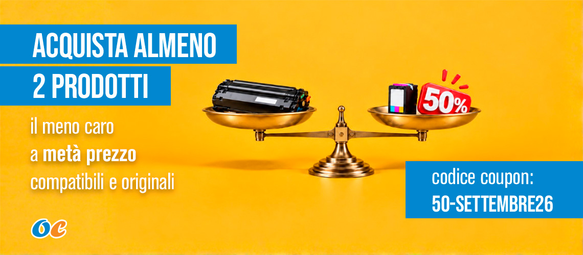 Promozione Coupon 50-settembre26. Acquista 2 prodotti il meno caro lo paghi la metà